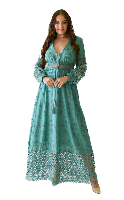 long green dress with long sleeves lace details V cut with beautiful laces