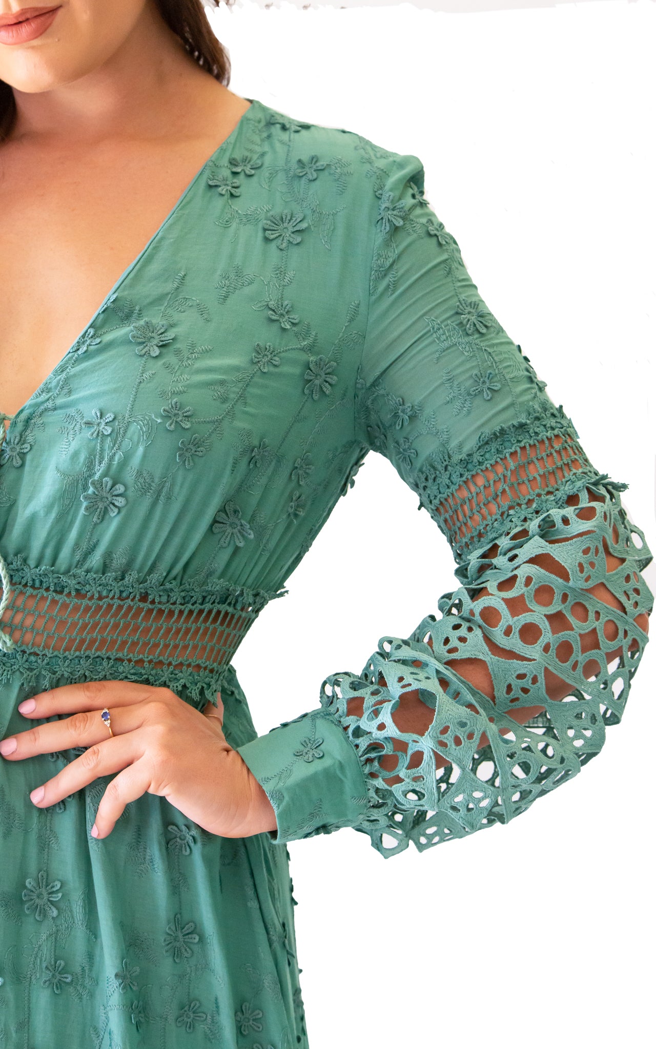 long green dress with long sleeves lace details V cut with beautiful laces