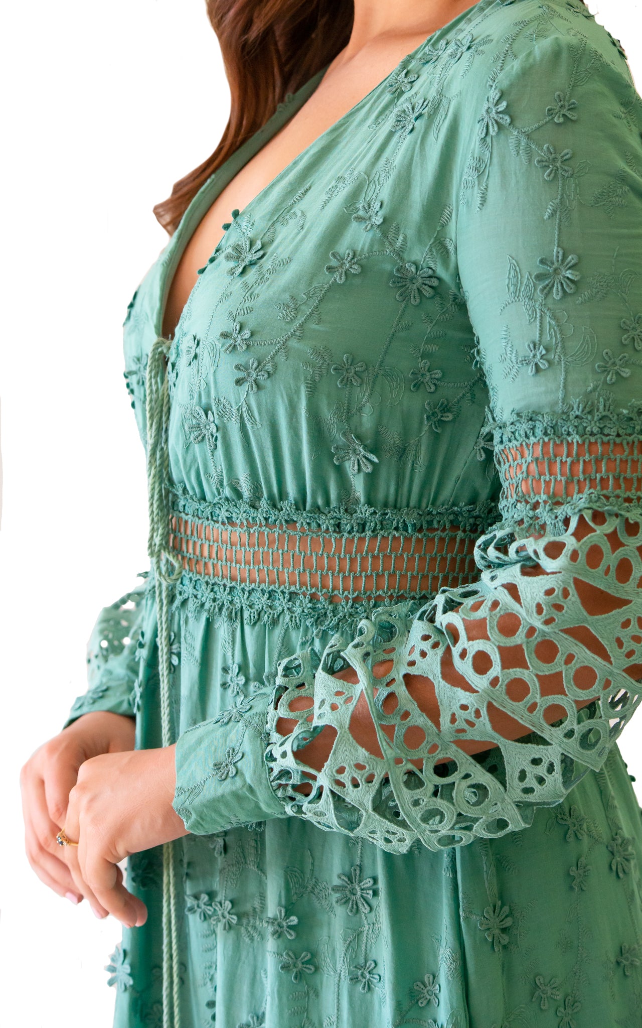 long green dress with long sleeves lace details V cut with beautiful laces