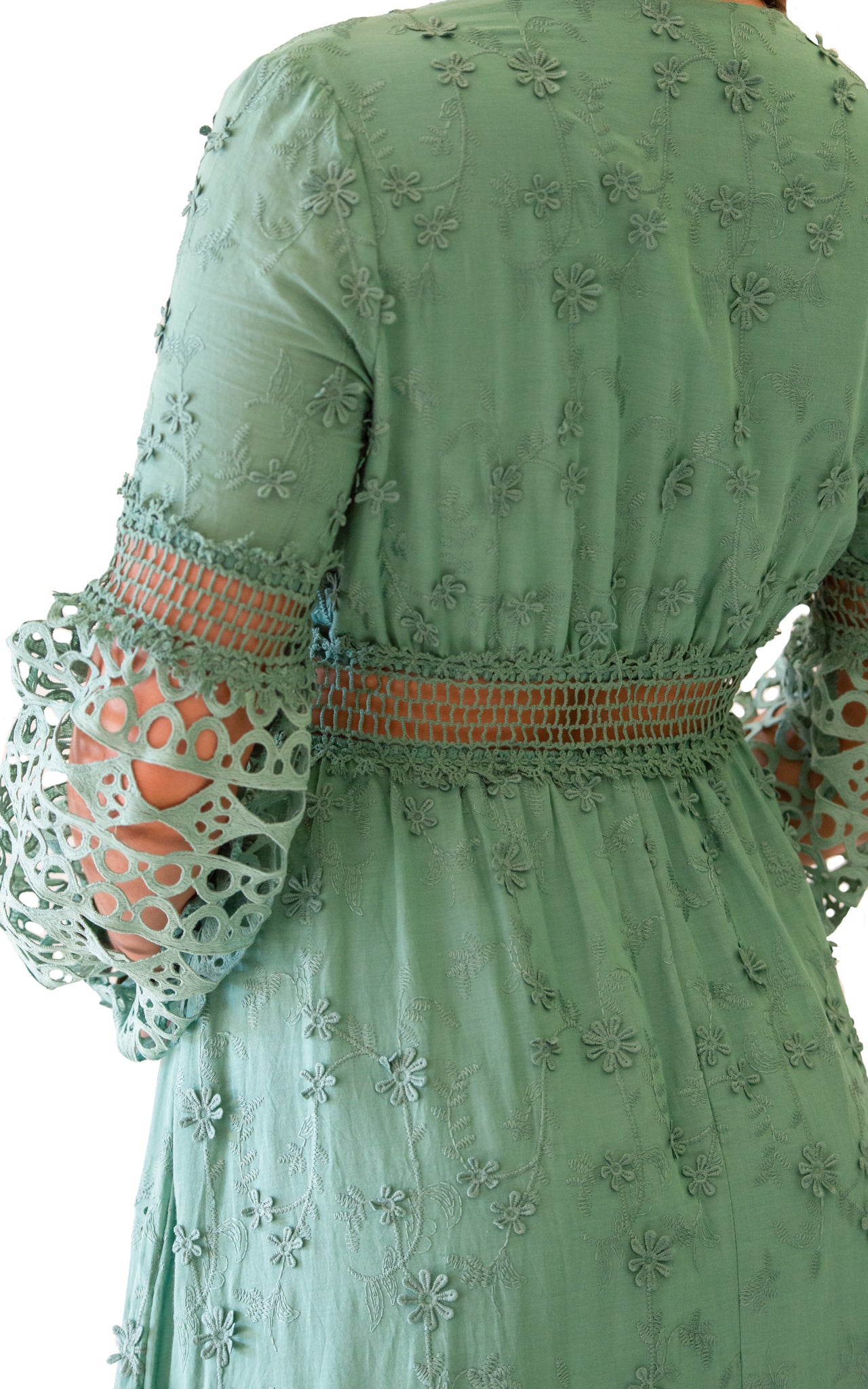 long green dress with long sleeves lace details V cut with beautiful laces