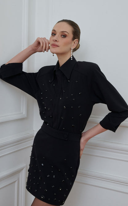 black shirt with stones and flower embroidery