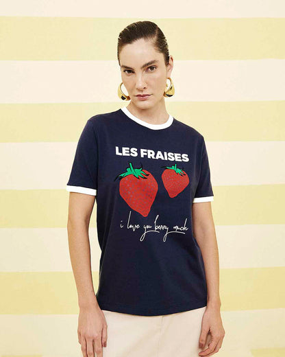 Strawberry Graphic Tee - 100% Pure Cotton Navy Blue Summer T-Shirt for Women