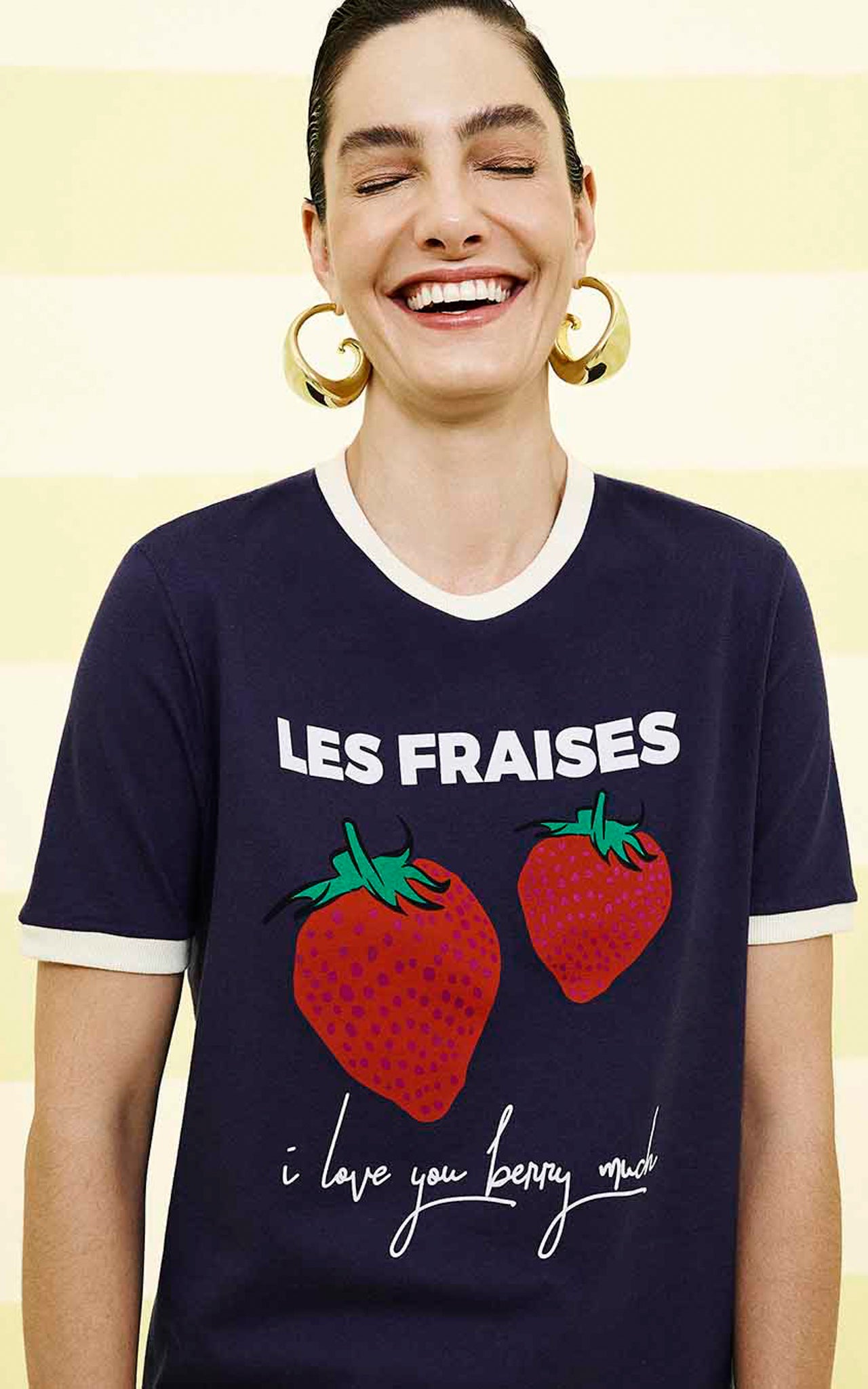 Strawberry Graphic Tee - 100% Pure Cotton Navy Blue Summer T-Shirt for Women