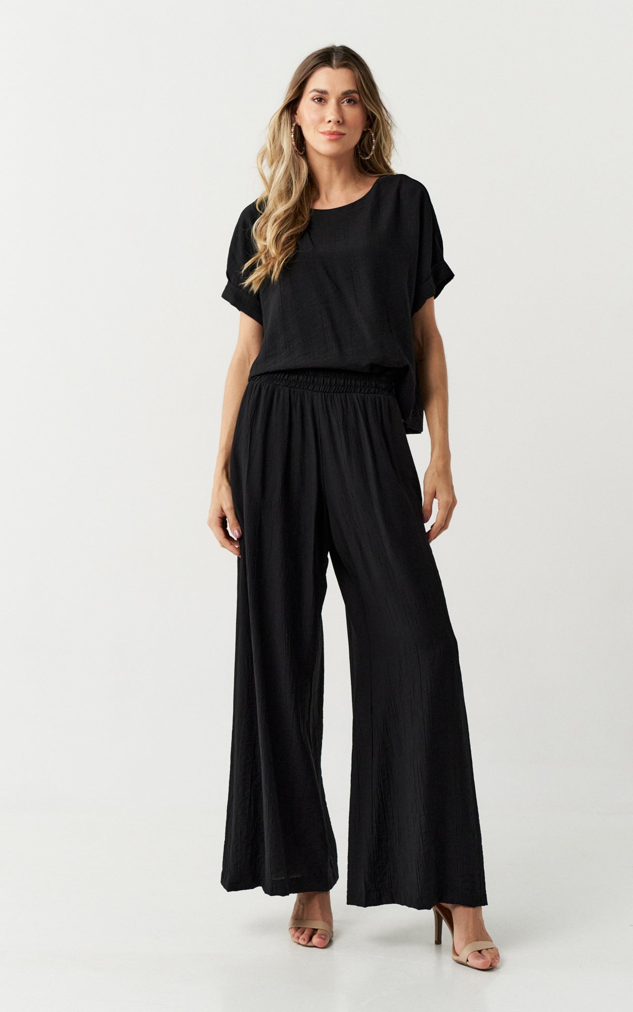 black viscose set wide pants and top 