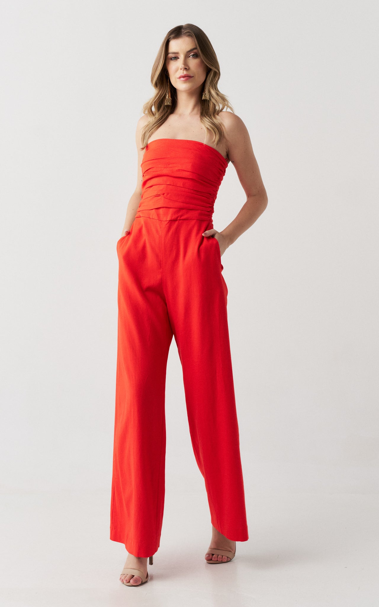 strapless wide leg red jumpsuit 