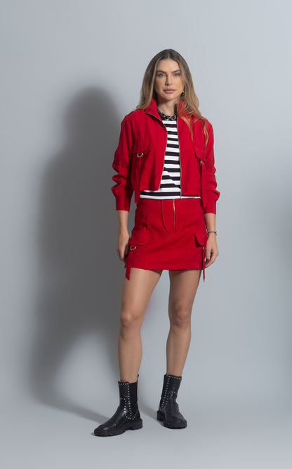 red cargo jacket monochromatic look 