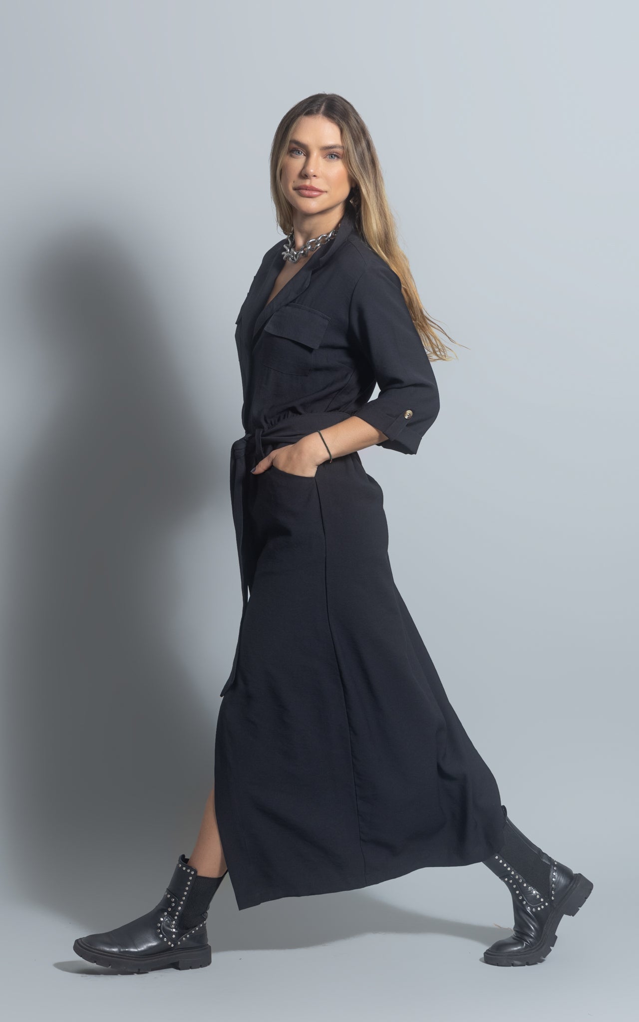 Casual Button Front V Neck Long Sleeve Dress