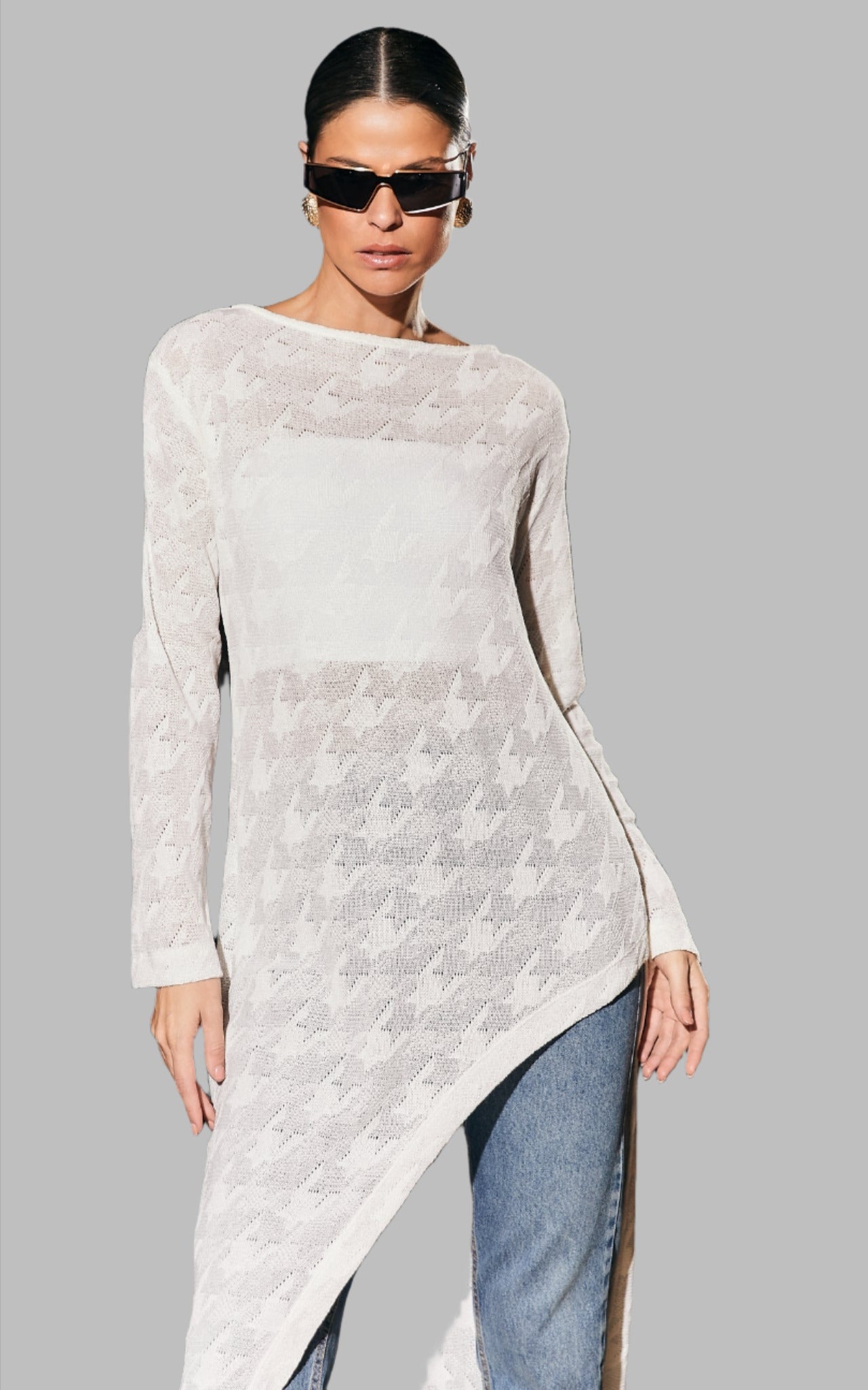 white sheer top long sleeve asymmetrical