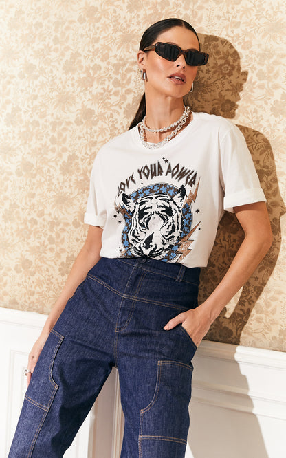 cotton white tshirt with tiger print 