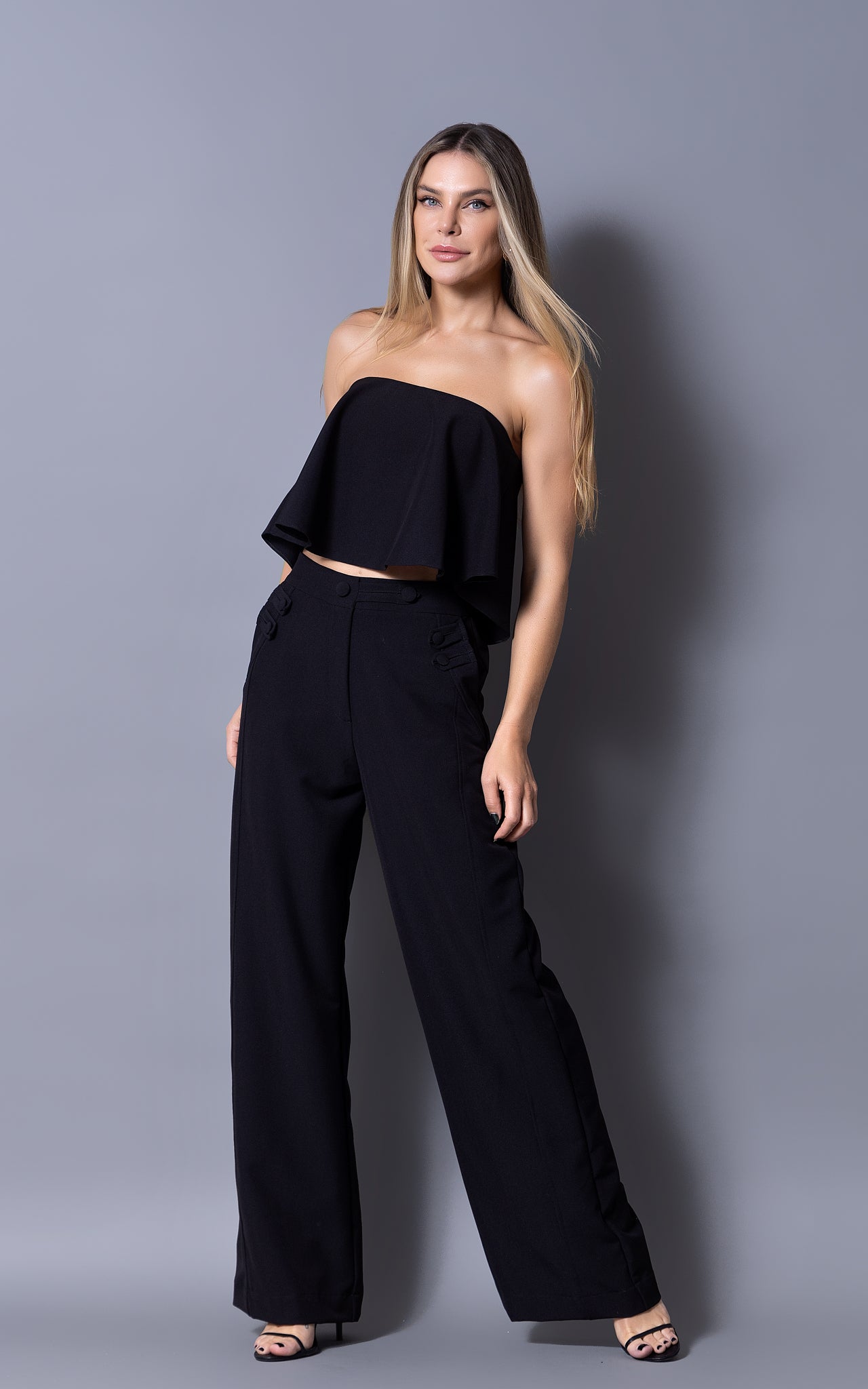 set of wide legs tailored style in black with cropped top 