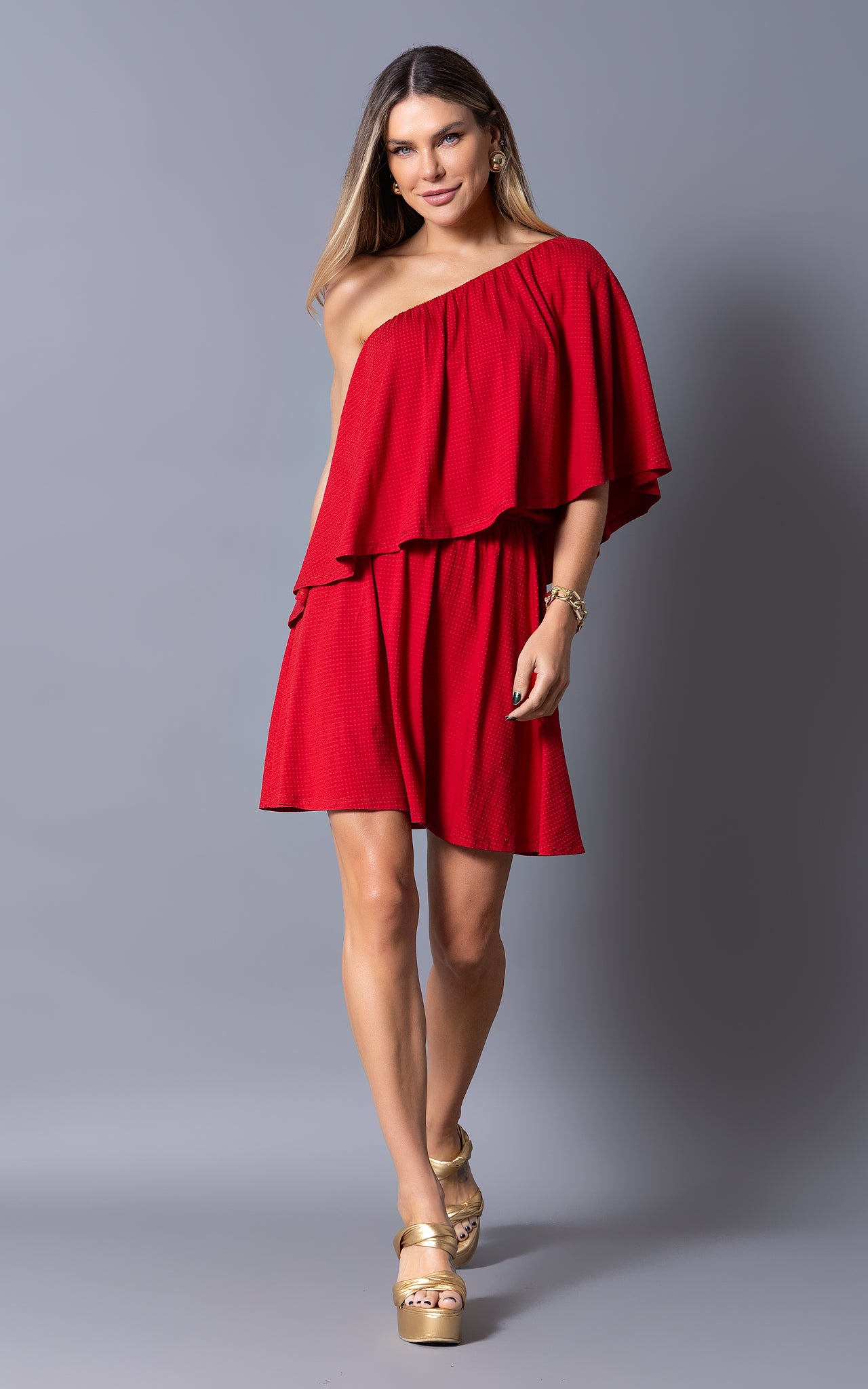 off the shoulder red dress with elastic waist 