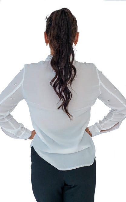  white silk shirt with embroidery pearls