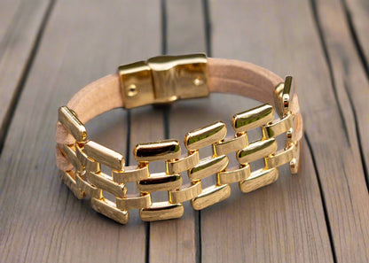 leather bracelet with gold and magnetic clasps