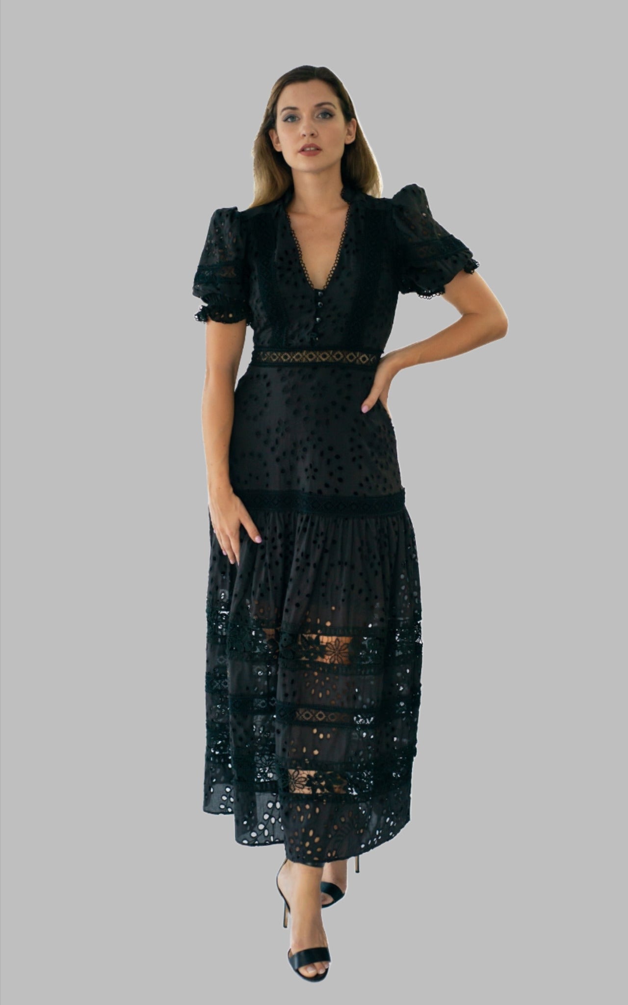 long black dress with beautiful details perfect dress for the races 