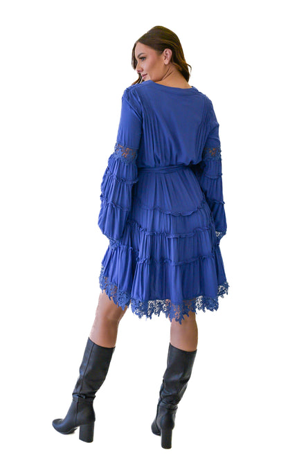 blue dress with long sleeves lace details with belt 