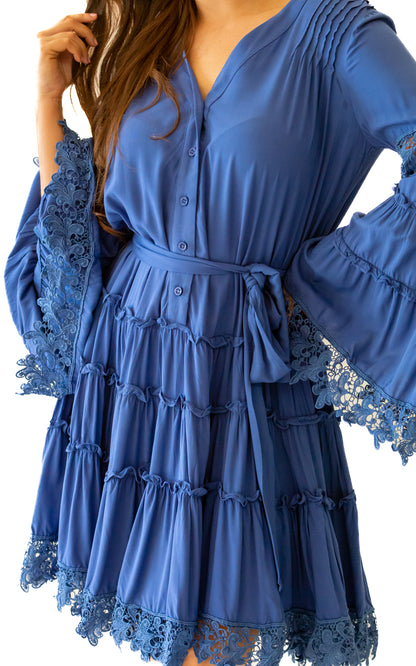 blue dress with bell sleeves above the knee