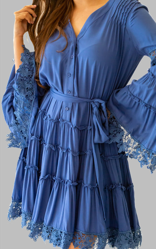 blue dress with bell sleeves above the knee