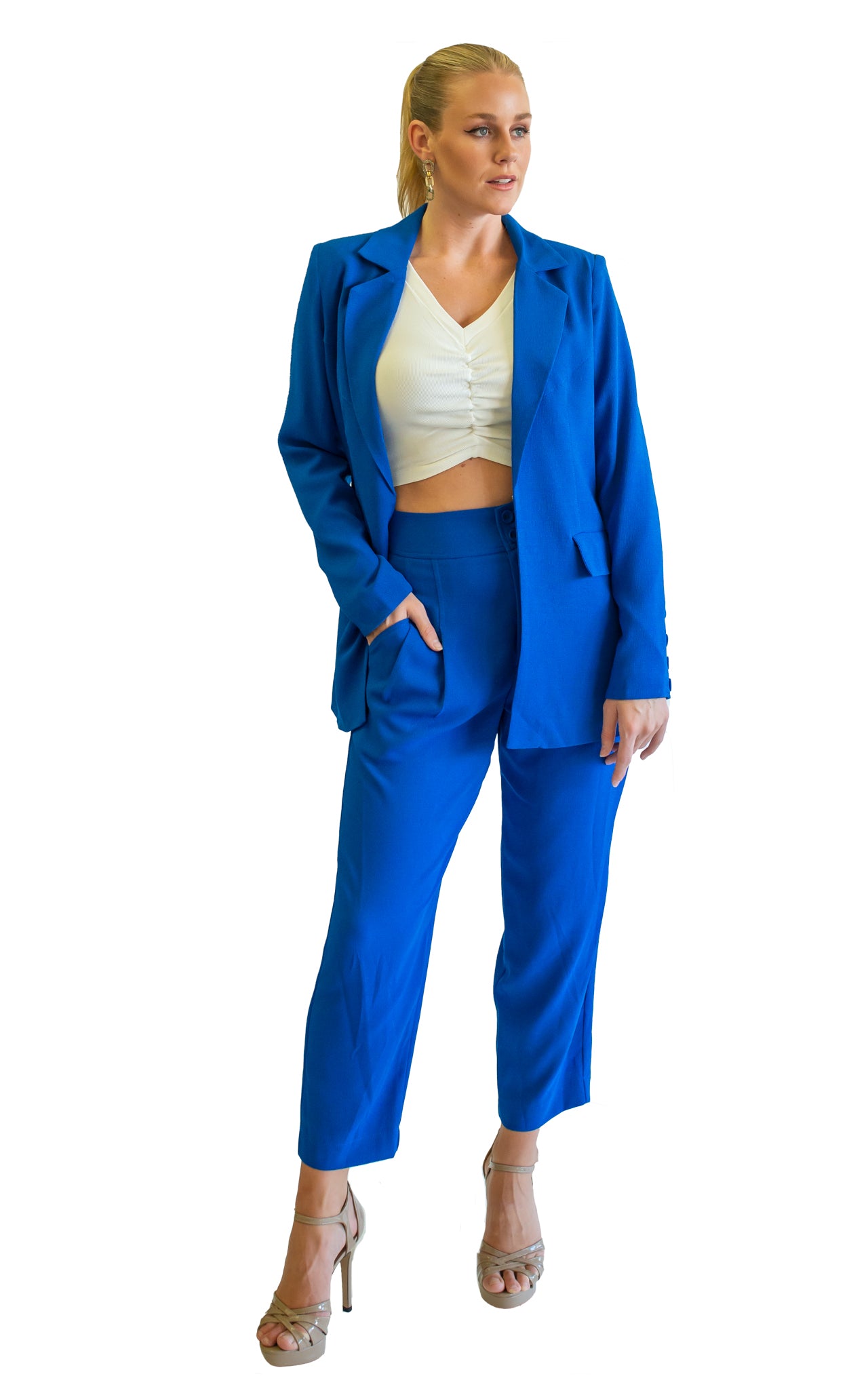 blue tailored pants with pockets