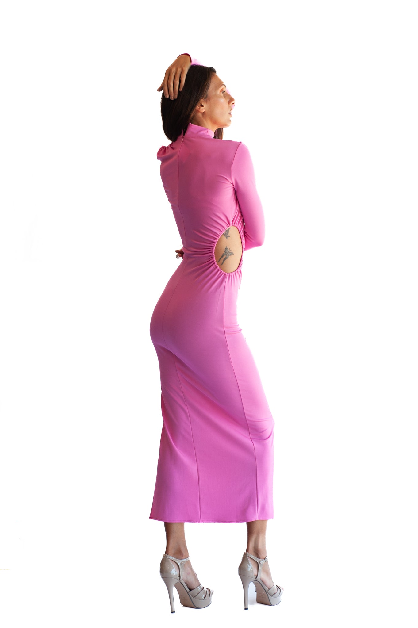 Anita Pink Dress racewear dress in pink long sleeve with a side split