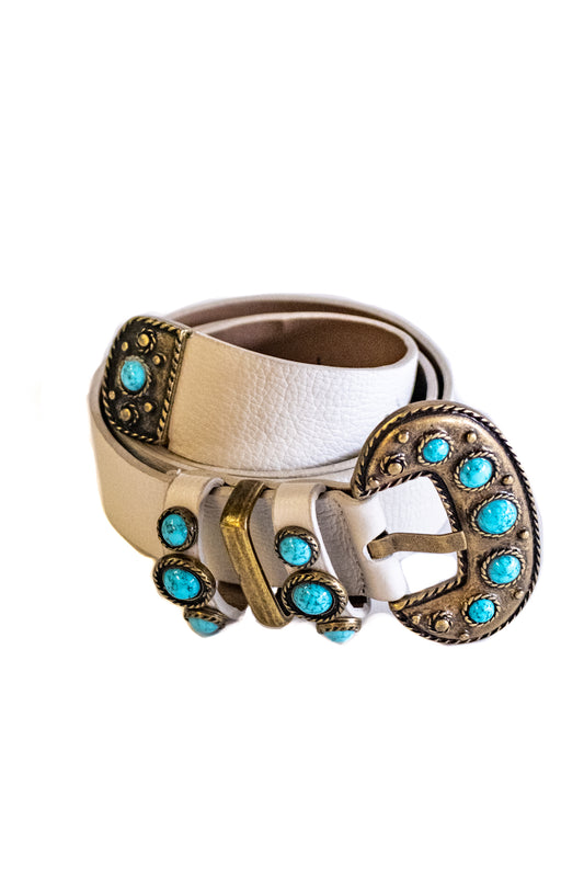 White Leather Belt with Turquoise stones